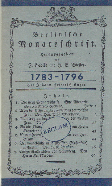 Berlinische Monatsschrift (1783-1796) Auswahl. Reclam Univers. Philosophie-Geschichte Kulturgeschichte Nr. 1121