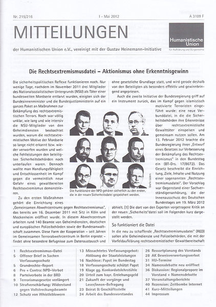 Mitteilungen der Humanistischen Union Nr. 215/216  Mai 2012 Thema: Die Rechtsextremismusdatei - Aktionismus ohne Erkenntnisgewinn